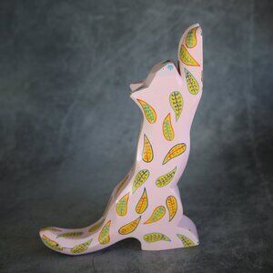 Vintage Wooden Cat Sculpture Pink Orange Green 80s Signed C Steinberg